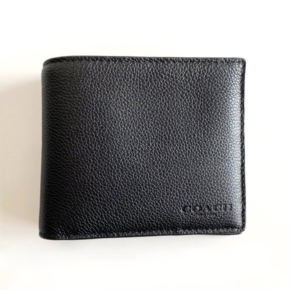 NEW ($178) Coach Men's Calf Leather Bi Fold Wallet Black - Picture 1 of 4